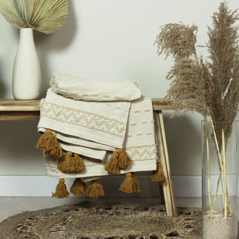 Woven Cotton Throw with Ochre Tassels