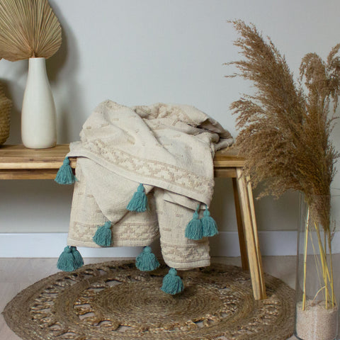 Woven Cotton Throw with Sea Green Tassels