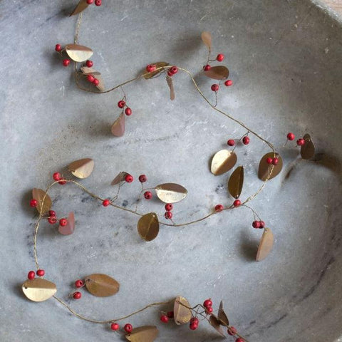 Brass Leaf and Red Berries Garland