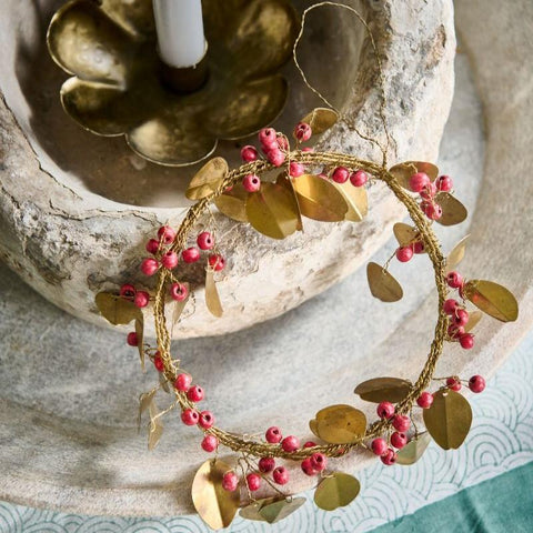 Brass Leaf and Red Berries Wreath Decoration 14cm