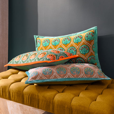 Embroidered Velvet Cushion - Frond Design - Various Colours