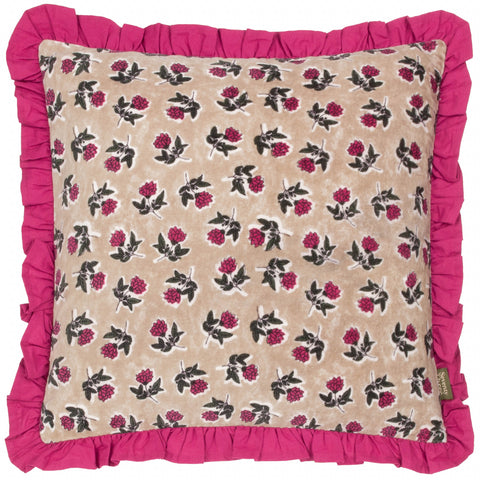 Floral Cotton Velvet Cushion with Ruffled Trim - Violet/Cerise