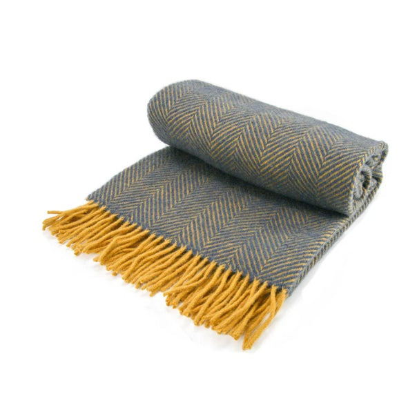 Herringbone Pure Wool Knee Blanket - Navy and Mustard