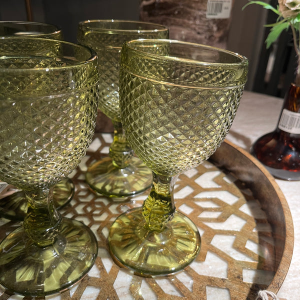 Diamond Wine Glass - Olive Green - Set of Four