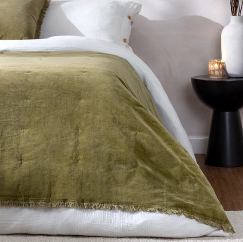 Olive Green Velvet Bedspread or Throw