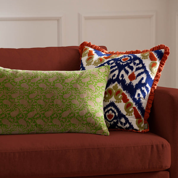 Paisley Block Printed Velvet Cushion - Green