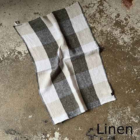 Pure Stonewashed Linen Teatowel Natural and Charcoal Black Check