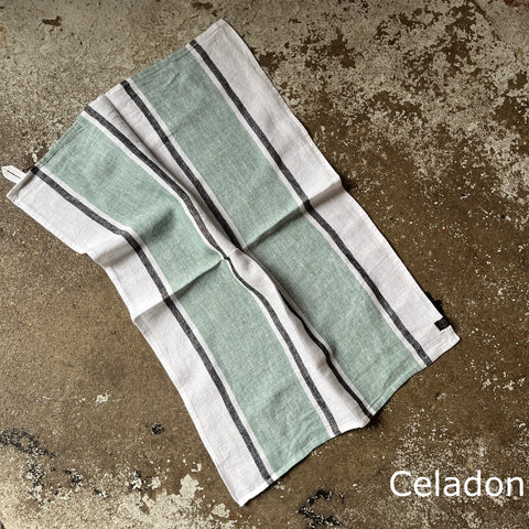 Pure Stonewashed Linen Teatowel Sartene Celadon Stripe