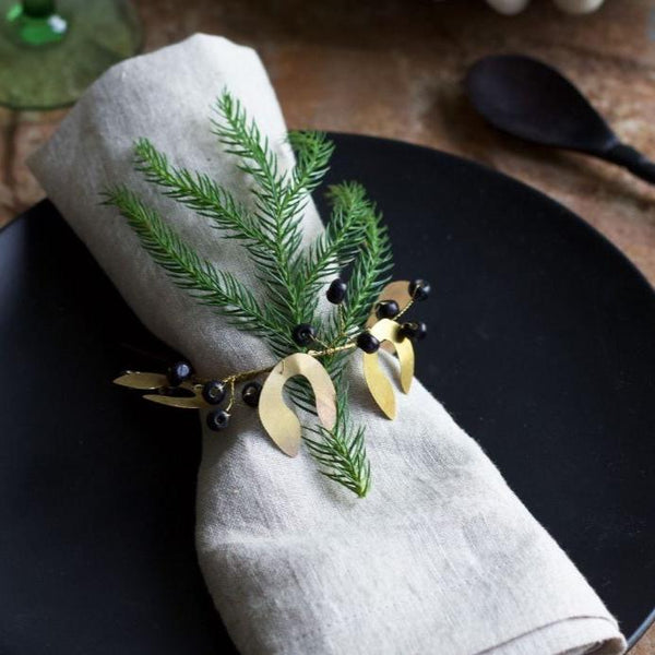 Brass Mistletoe Leaves and Black Wooden Beads Napkin Ring Set of Four