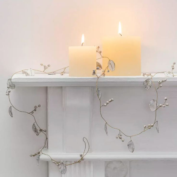 White Leaves Garland with White Wooden Berries