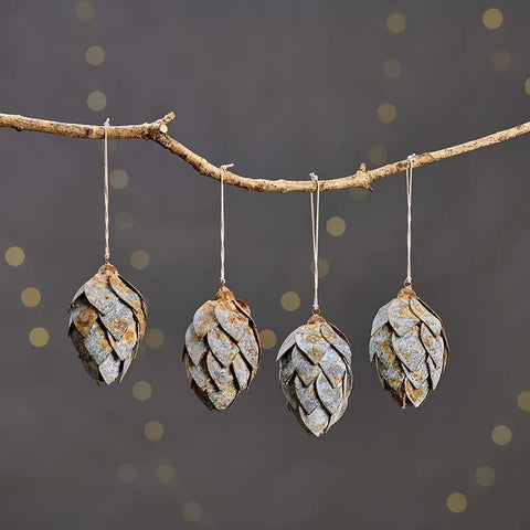 Aged Zinc Hanging Fir Cone Decorations Set of Four