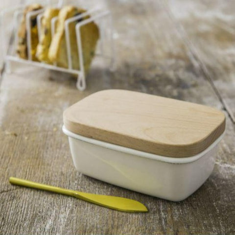 traditional enamel butter dish with beech wood lid